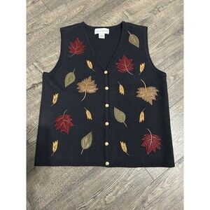 Vtg Croft & Barrow Women's M Falling Autumn Fall Leaves Vest Sweater Cardigan